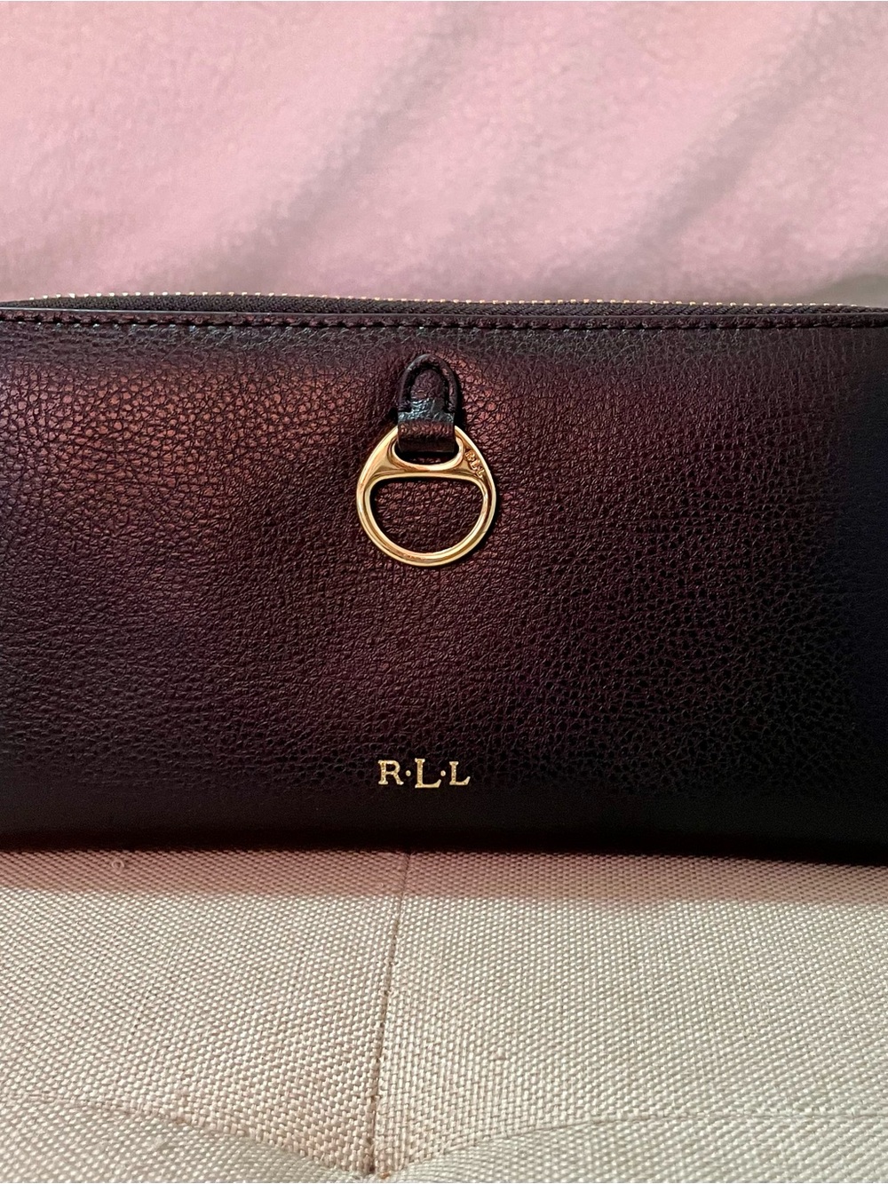 Ralph Lauren Black Pebbled Leather Wristlet with Gold Ring